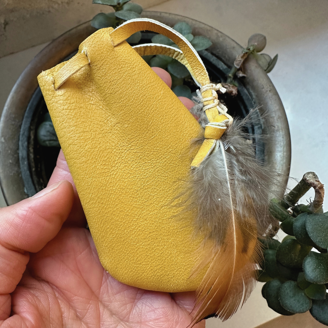 a medicine pouch with a feather
