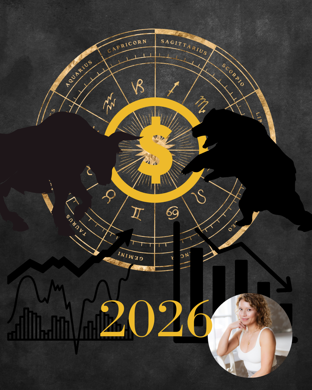 Astrological symbol with silhouettes of a bull and bear, dollar sign, and '2026' on a dark background.