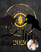 Astrological symbol with silhouettes of a bull and bear, dollar sign, and '2026' on a dark background.