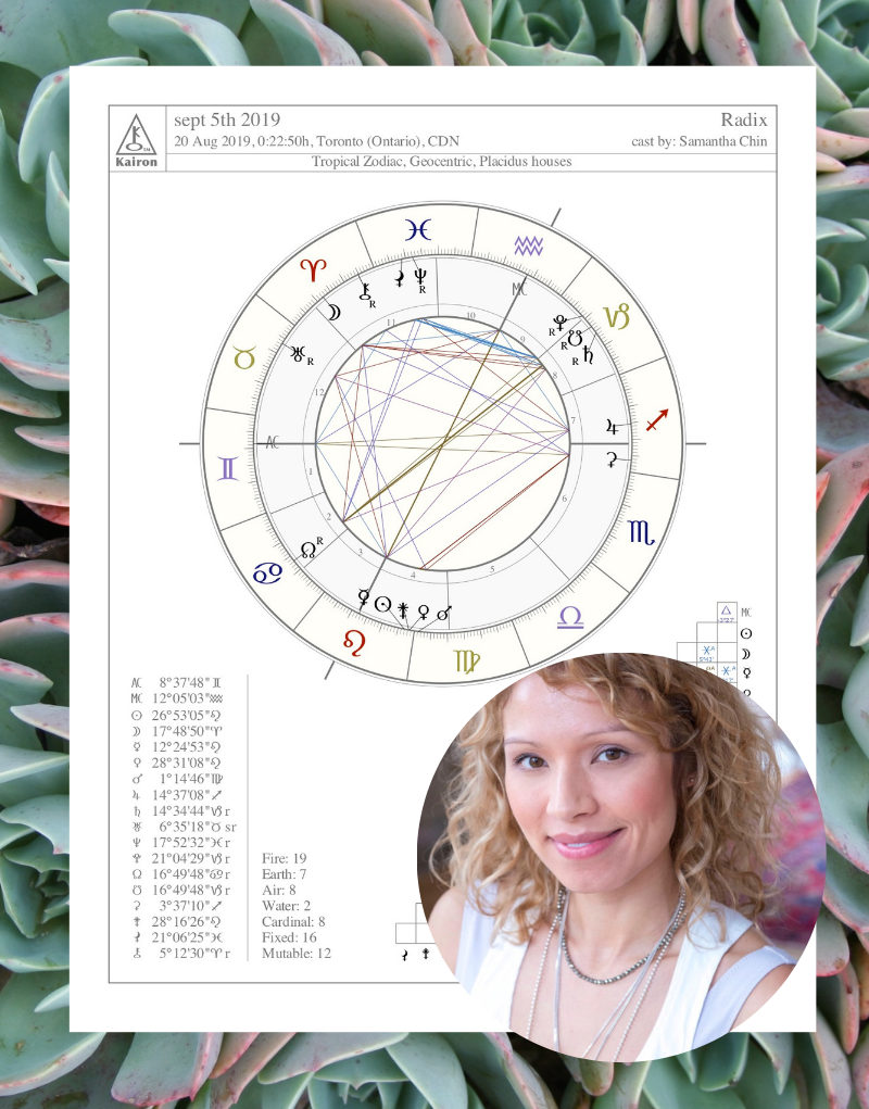 A astrological chart with a person's portrait on a background of succulents