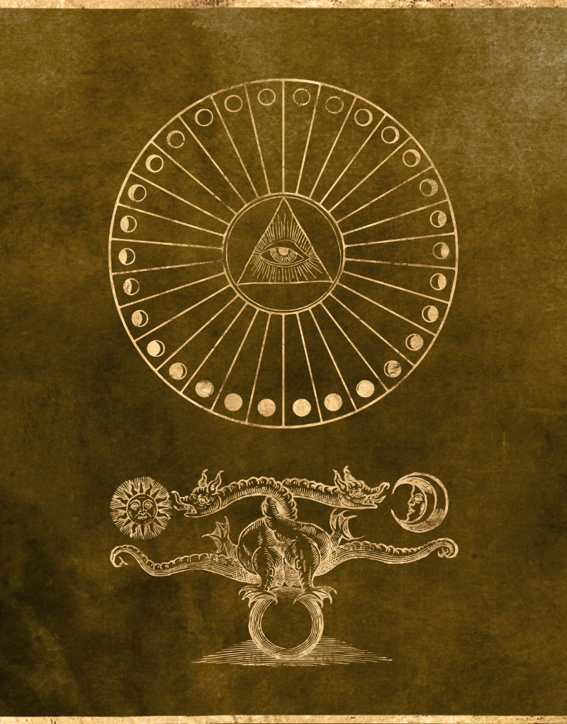 Decorative design with eye in a circle and octopus on a textured brown background