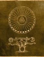 Decorative design with eye in a circle and octopus on a textured brown background