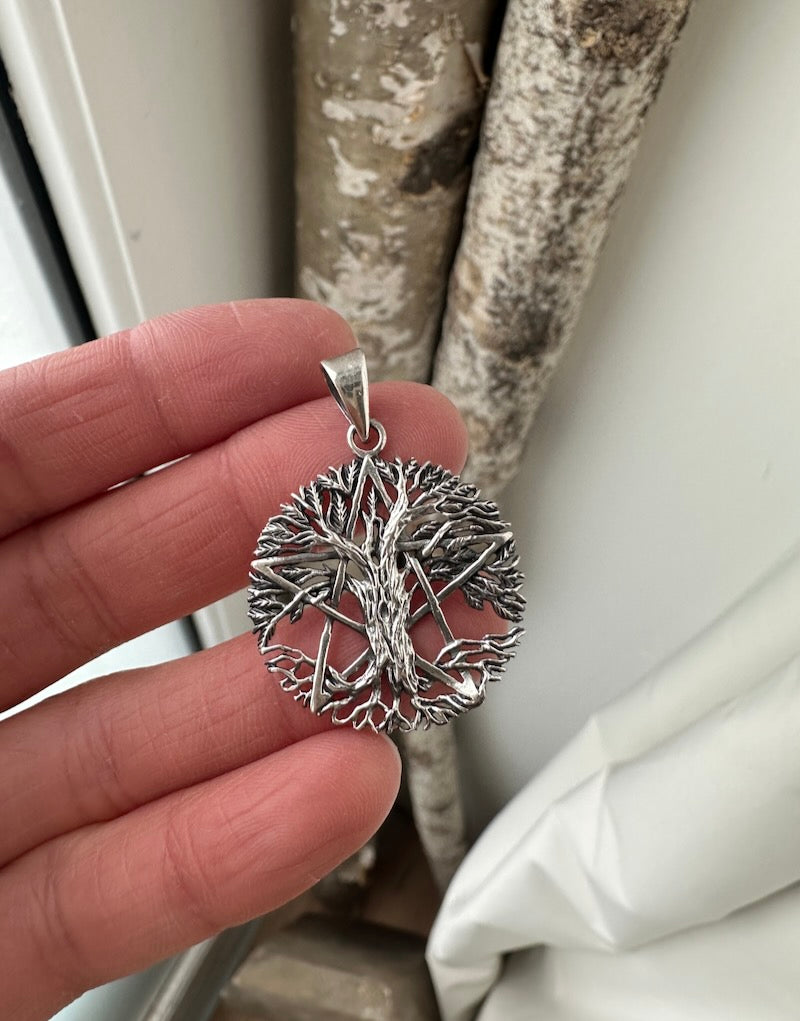 Pentagram Tree 1.2" Silver Pendant TREE
