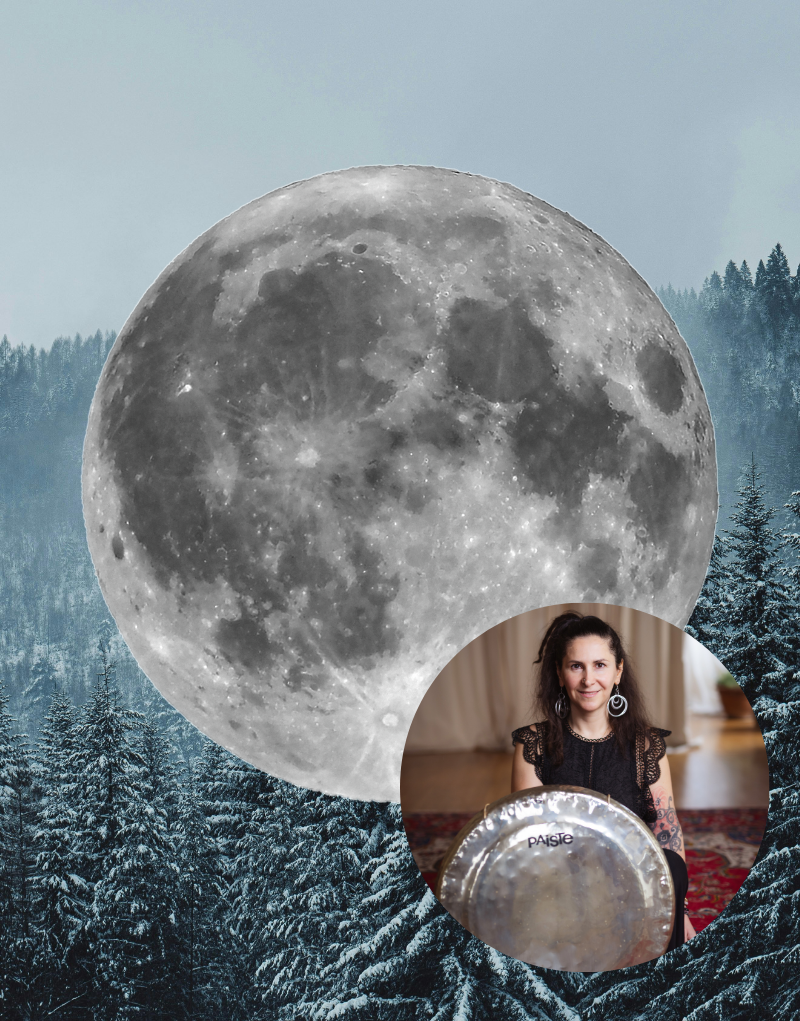 Large moon superimposed over a forest with a smaller inset showing a person holding a drum.