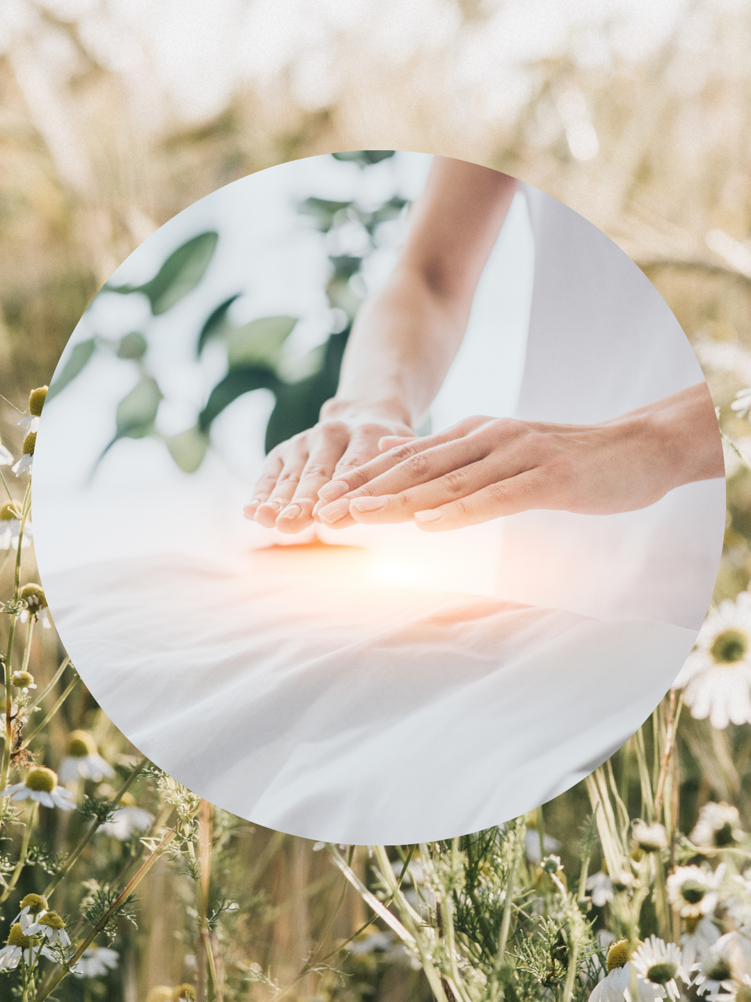 A circular inset shows a close-up of hands resting on a white fabric surface in a sunlit outdoor setting with blurred flowers and greenery.