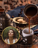 Ceramic cup being filled with coffee from a traditional pot, surrounded by coffee beans and a woman's face inset.