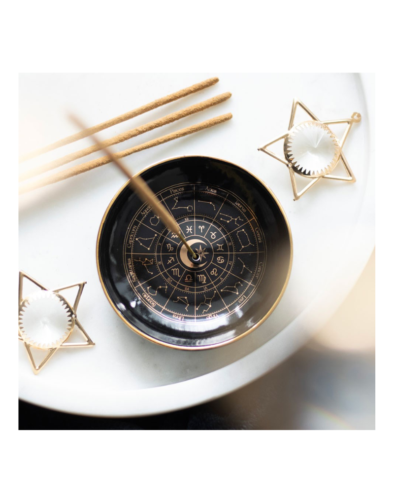 Decorative black plate with gold astrological design on a white surface