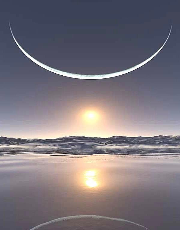 A mystical image featuring a crescent moon and sun with a watery reflection in the foreground, representing the winter solstice and the goddess ritual.