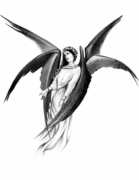 A black and white drawing of an angel with multiple wings